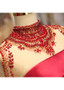 Red Long Sleeve Satin High Collar Floor-length A-line Evening Prom Dress