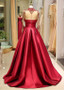 Red Long Sleeve Satin High Collar Floor-length A-line Evening Prom Dress