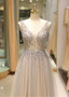 Gray Long Tulle V-neck Neckline See Through A-line Prom Dress
