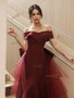 Shop 2024 Annakoo Off The Shouler Detachable Train Satin Burgundy Prom Dress Under 139