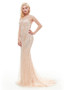 Sheer Back Satin Scoop Gold Long Mermaid Prom Evening Dress