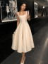 Shop 2024 ANNAKOO  Square Neck Satin Tea Length White Short Wedding Dress Under 129