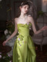 Shop 2024 ANNAKOO Green Satin Strapless Ruched A Line Flower Prom Dress Under 189