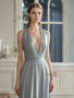 Shop 2025 ANNAKOO Blue Satin Appliques A Line Sleeveless V Neck Prom Dress Under 189