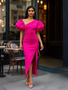 Shop 2025 ANNAKOO Detachable Sleeve One Shoulder Fuchsia Satin Prom Dress With Slit Under 148