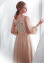 Applique Long Sleeve Tulle Bateau Champagne A-line Wedding Dress