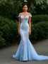 Shop 2025 ANNAKOO Light Blue Tulle Appliques Trumpet Mermaid Sweep Train Prom Dress Under 259