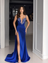 Shop 2025 ANNAKOO Deep Royal Blue Sheath Column V Neck Beading Satin Prom Dress With Slit Under 189