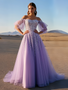 Shop 2025 ANNAKOO Lavender Tulle A Line Long Sleeve Beading Prom Dress Under 276