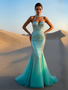 Shop 2025 ANNAKOO High Neck Mint Satin Appliques Beading Trumpet Mermaid Prom Dress Under 288

