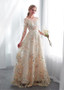 Lace Bateau 3/4 Sleeves Color Floral  A-line Wedding Dress With Belt