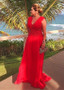  Chiffon Beaded Lace Appliques V-neck Red Mother Of The Bride Dress 