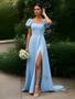 Shop 2025 ANNAKOO Puffy Sleeve Blue Square Satin Trumpet Mermaid Prom Dress With Slit Under 139