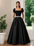 Shop 2025 ANNAKOO Black Puffy Sleeve Beading Square Neck Satin Prom Dress Under 189