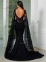 Black Lace Long Sleeve Trumpet Mermaid V Neck Prom Dress