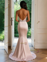 Pink V Neck Satin Beading Waist Trumpet Mermaid Prom Dress With Slit