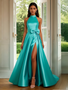 Shop 2025 ANNAKOO Green Halter Bowkot Satin A Line Prom Dress With Slit Under 139