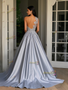 Silver One Shoulder Satin A Line Appliques Prom Dress With Pockets