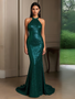 Shop 2025 ANNAKOO Halter Deep V Neck Sequin Green Trumpet Mermaid Prom Dress Under 129