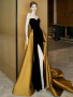 Shop 2025 ANNAKOO Black & Gold Sweetheart Satin A  Line Prom Dress With Slit Under 178