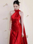 Shop 2025 ANNAKOO Red Halter Ruched Satin A Line Cape Satin Prom Dress Under 139