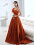 Orange Spaghetti Straps Satin Ruched A Line Bow Prom Dress