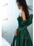 Dark Green A Line Satin Strapless Prom Dress With Slit