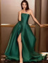 Dark Green A Line Satin Strapless Prom Dress With Slit