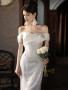 Shop 2025 ANNAKOO Off The Shoulder Satin Sparkle Sequin Trumpet Mermaid Wedding Dress Under 398