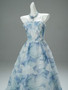 Light Blue Print Flower A Line Sparkle Prom Dress