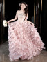Pink Tulle Flower Strapless A Line Beading Prom Dress