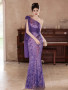 One Shoulder Purple Flower Sequin Trumpet Mermaid Prom Dress
