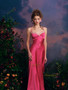 Shop 2025 ANNAKOO Spaghetti Straps Lace Flowers Pink Elastic Satin Prom Dress Under 139