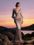 Shop 2025 ANNAKOO Beige V Neck Satin Long Sleeve Trumpet Mermaid Wedding Dress Under 187