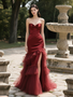Shop 2025 ANNAKOO Burgundy Satin Sweetheart Corest Tulle Ruffles Prom Dress Under 189