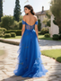 Shop 2025 ANNAKOO Blue Off The Shoulder Tulle Ruffles Sheer Prom Dress Under 189