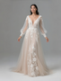 Shop 2025 ANNAKOO Deep V Neck Champagne Long Sleeve Tulle Wedding Dress Under 189