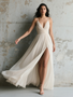 Deep V neck Chiffon Ruched Spaghetti Straps Bridesmaid Dress With Slit
