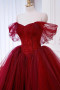 Shop 2025 ANNAKOO Off The Shoulder Tulle Beading Burgundy Ruffles Prom Dress Under 169
