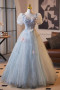 Shop 2025 ANNAKOO Blue Short Sleeves Square Tulle A Line Floral Prom Dress Under 178