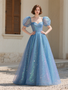 Shop 2025 ANNAKOOO Blue Puffy Sleeves A Line Sweetheart Tulle Prom Dress Under 189