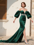 Shop 2025 ANNAKOO Puffy Sleeve Satin Green Trumpet Mermaid Beading Prom Dress With Slit Under 159