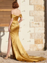 Shop 2025 ANNAKOO Gold Off The Satin Cut Out Trumpet Mermaid Prom Dress Under 149