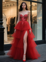 Shop 2025 ANNAKOO  Red Sweetheart Beading Layers Tulle A Line Prom Dress With Slit Under 389