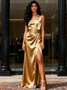 Shop 2025 ANNAKOO Gold Straps A Line Satin Bridesmaid Dress With Slit Under 119
