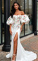  Puffy Sleeves Sweetheart Trumpet Mermaid Embroidery Satin Wedding Dress
