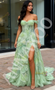 Shop 2025 ANNAKOO Off The Shoulder Beading Tulle Green Prom Dress With Slit Under 249