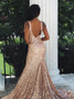 Rose Gold Backless Sequined Mermaid V-neck Prom Dress