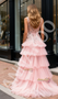 Shop 2025 ANNAKOO Pink V Neck Flowers Layers A Line Prom Dress With Slit Under 299