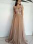 Champagne Off Shoulder Beading Prom Evening Dress